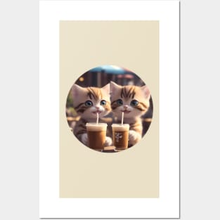 Two cute happy kittens drinking iced coffee Posters and Art